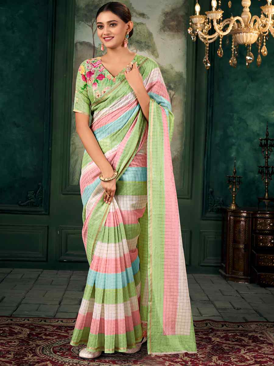 Multi Chanderi Linen Printed Festival Casual Contemporary Saree