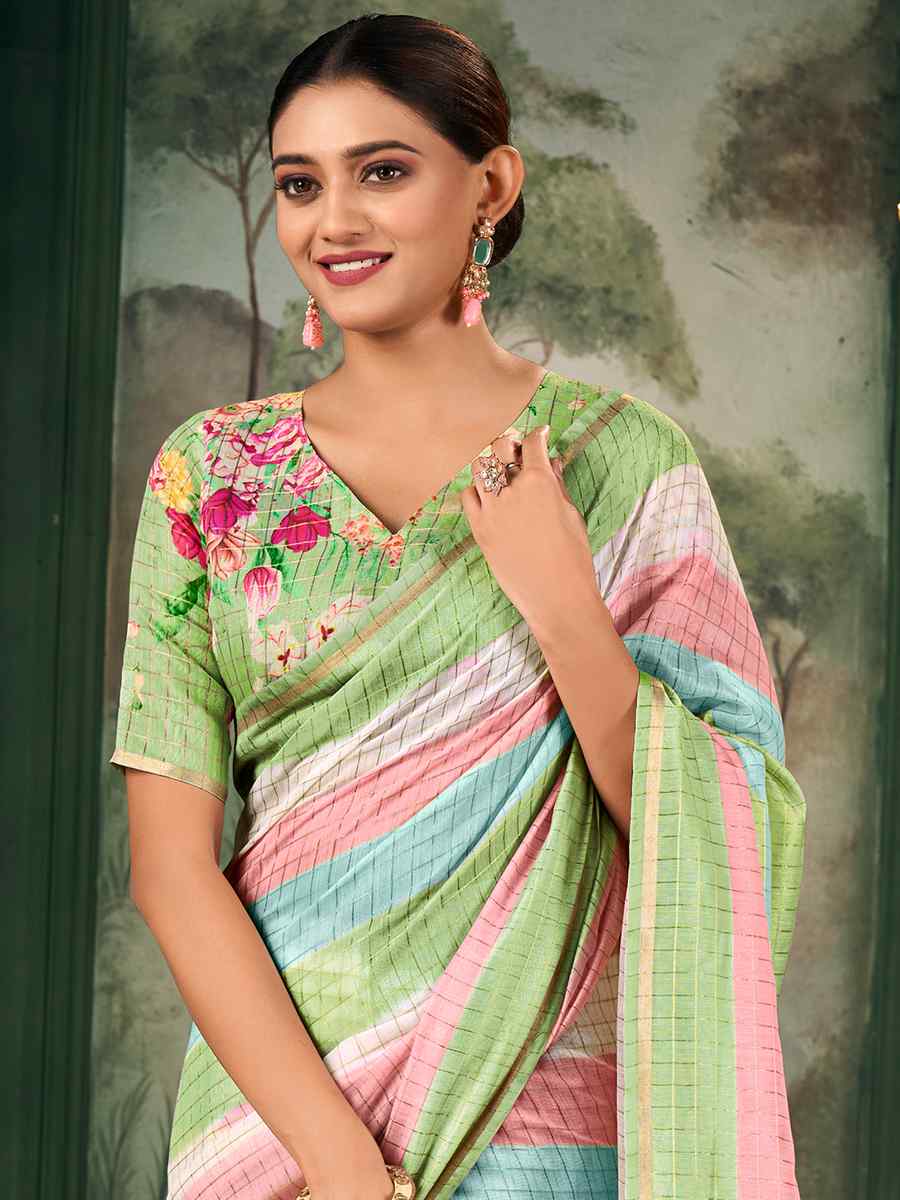 Multi Chanderi Linen Printed Festival Casual Contemporary Saree