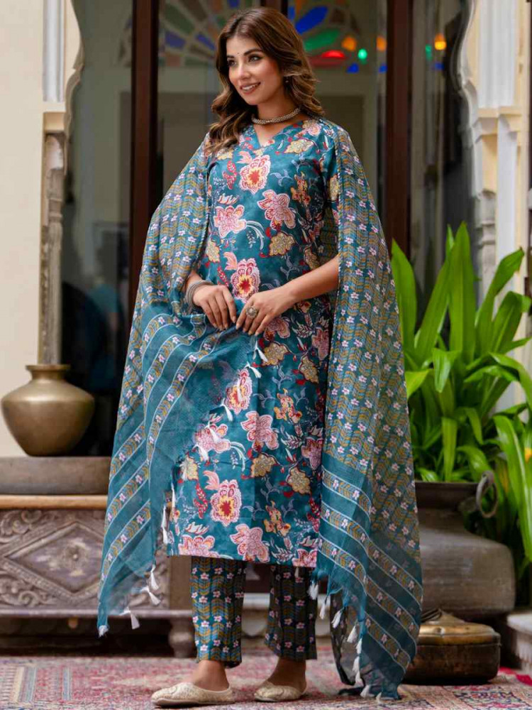 Multi Cotton Blend Printed Festival Casual Ready Pant Salwar Kameez