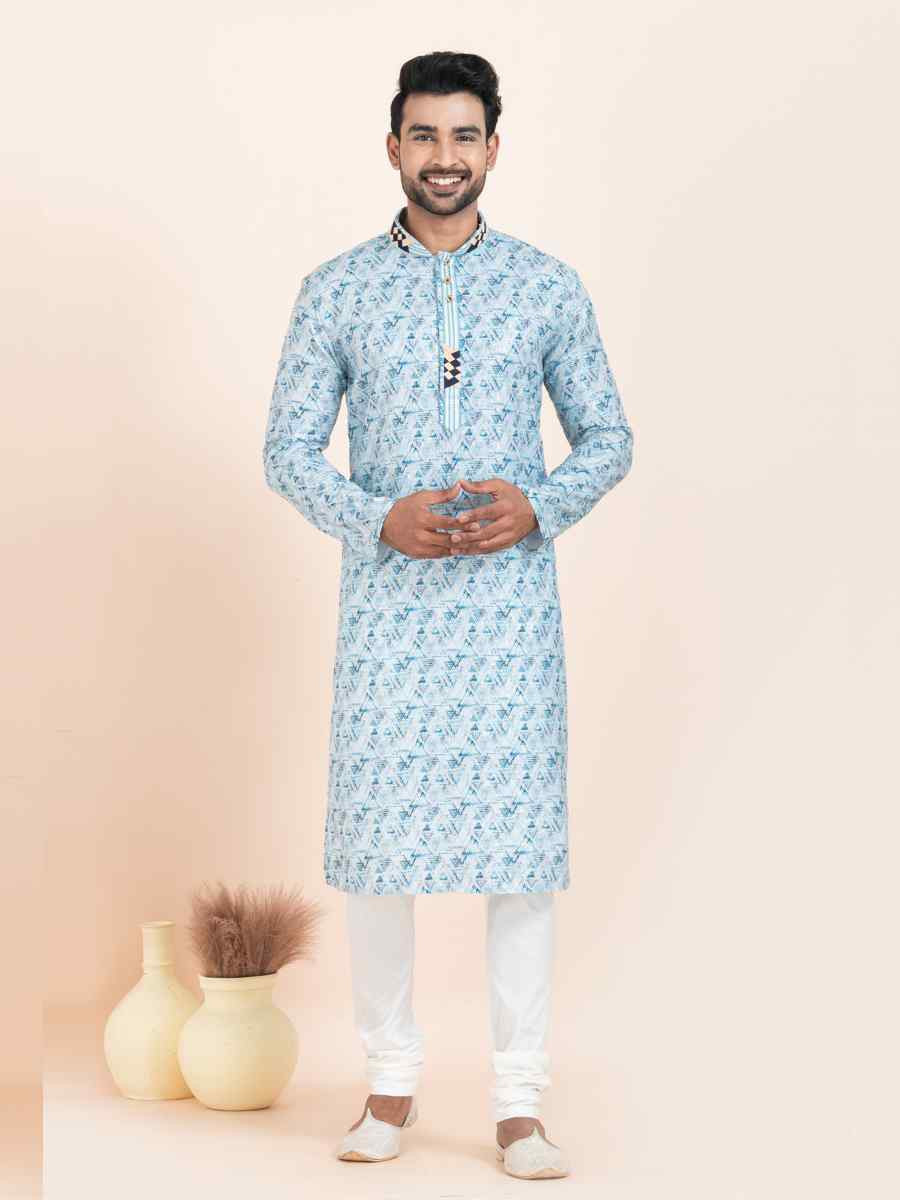 Multi Cotton Printed Festival Wedding Kurta Pyjama Men's Wear