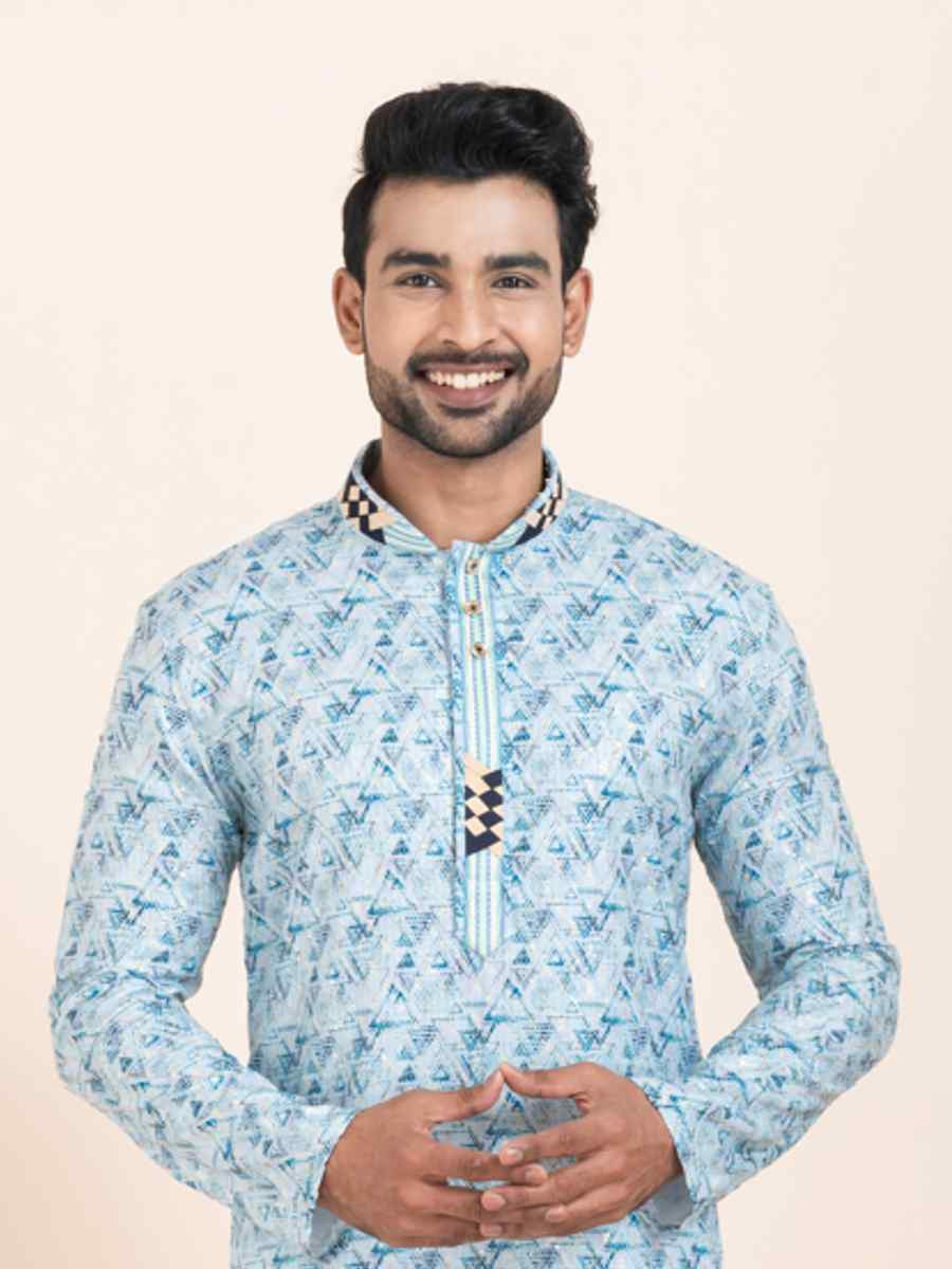 Multi Cotton Printed Festival Wedding Kurta Pyjama Men's Wear