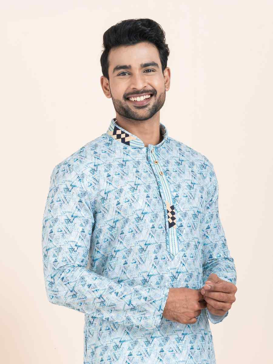 Multi Cotton Printed Festival Wedding Kurta Pyjama Men's Wear