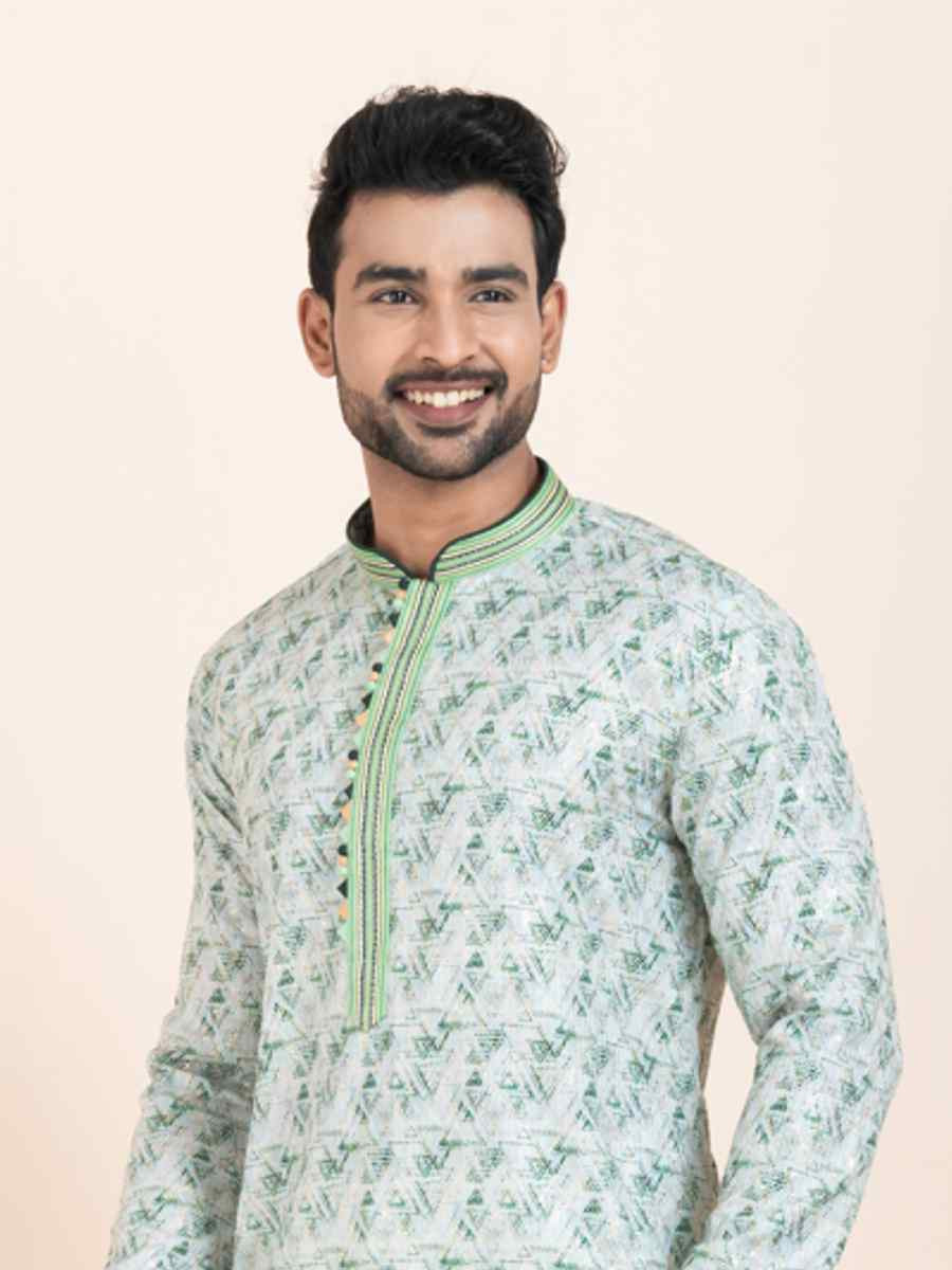 Multi Cotton Printed Festival Wedding Kurta Pyjama Men's Wear