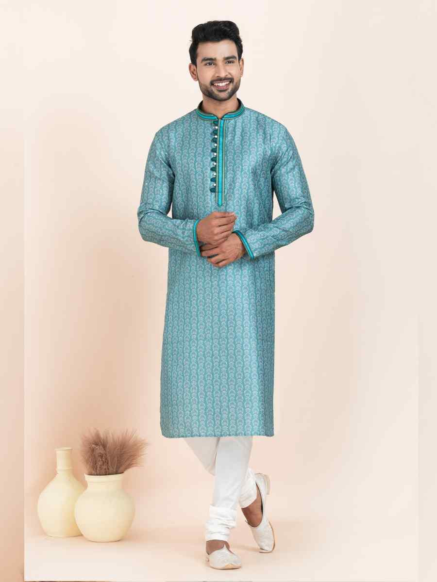 Multi Cotton Printed Festival Wedding Kurta Pyjama Men's Wear