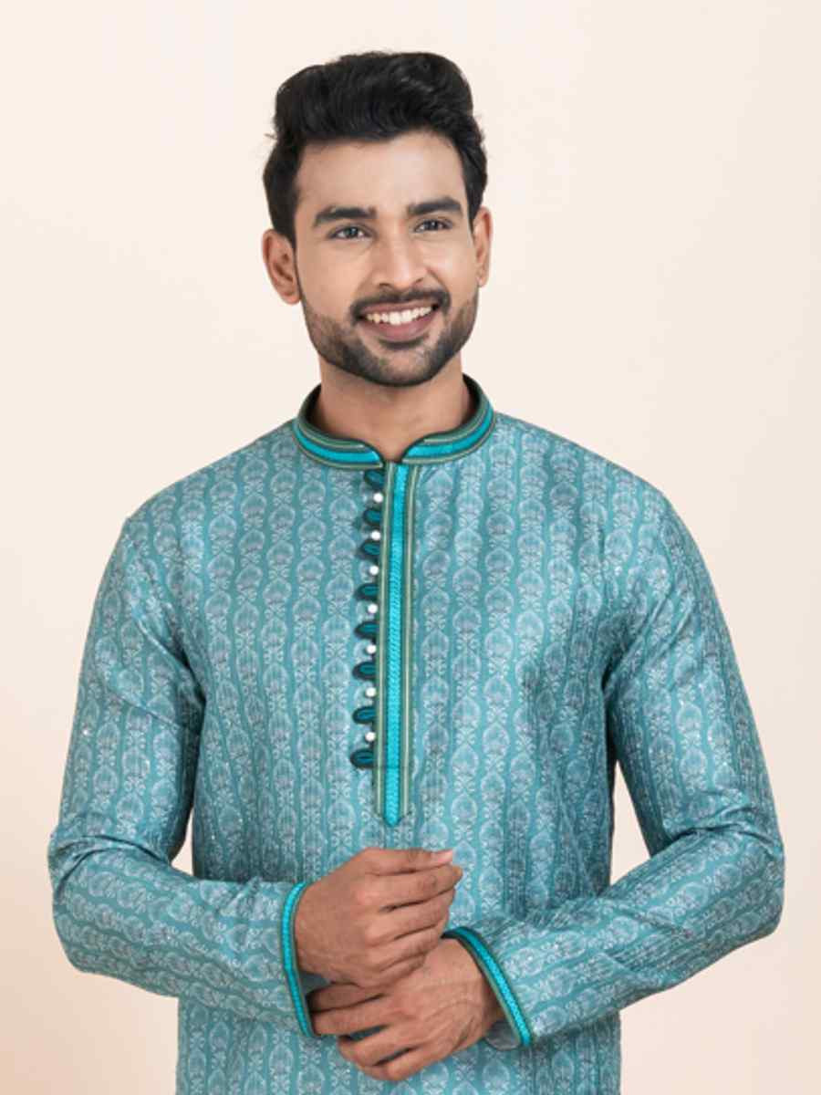 Multi Cotton Printed Festival Wedding Kurta Pyjama Men's Wear