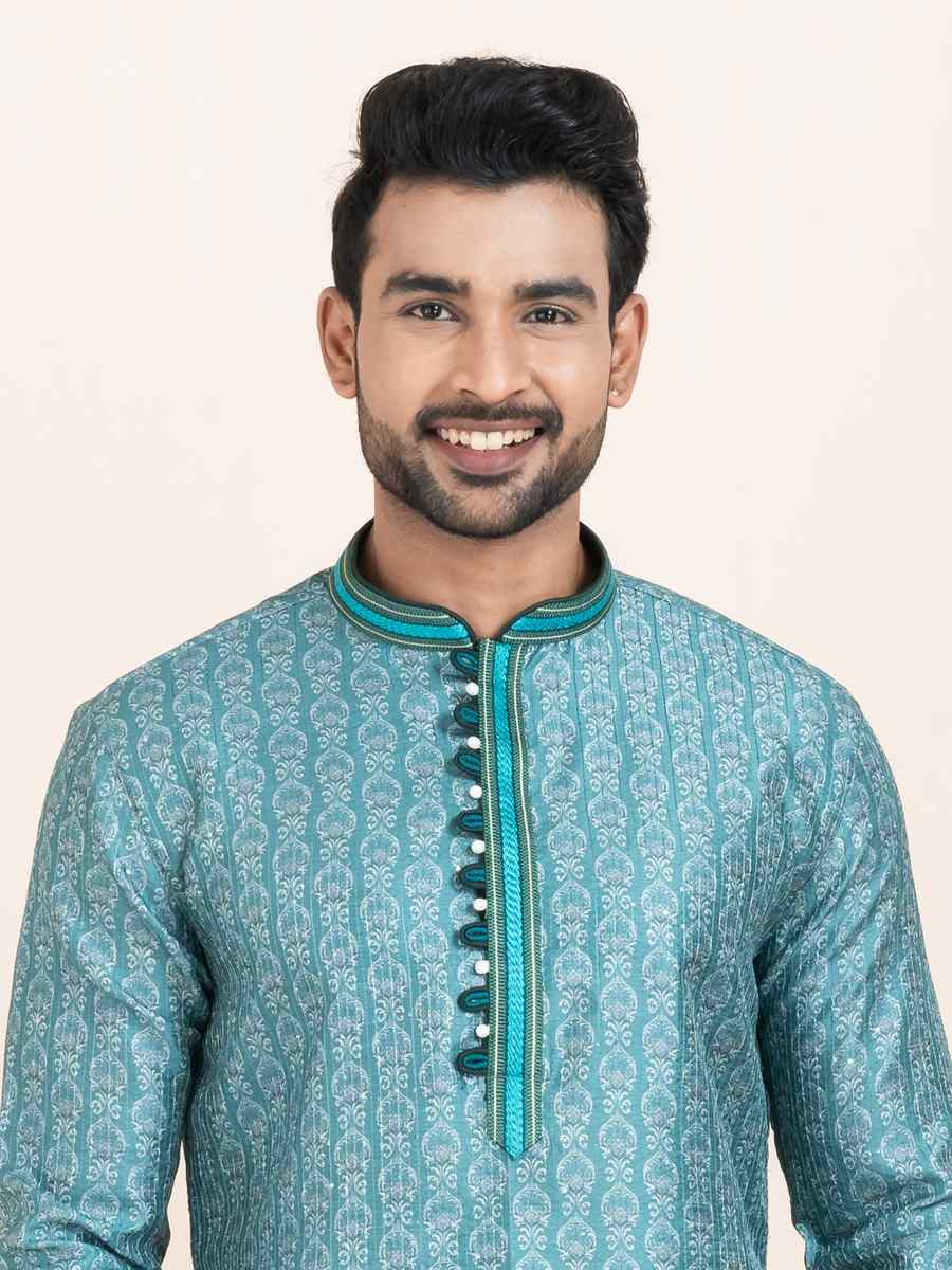 Multi Cotton Printed Festival Wedding Kurta Pyjama Men's Wear