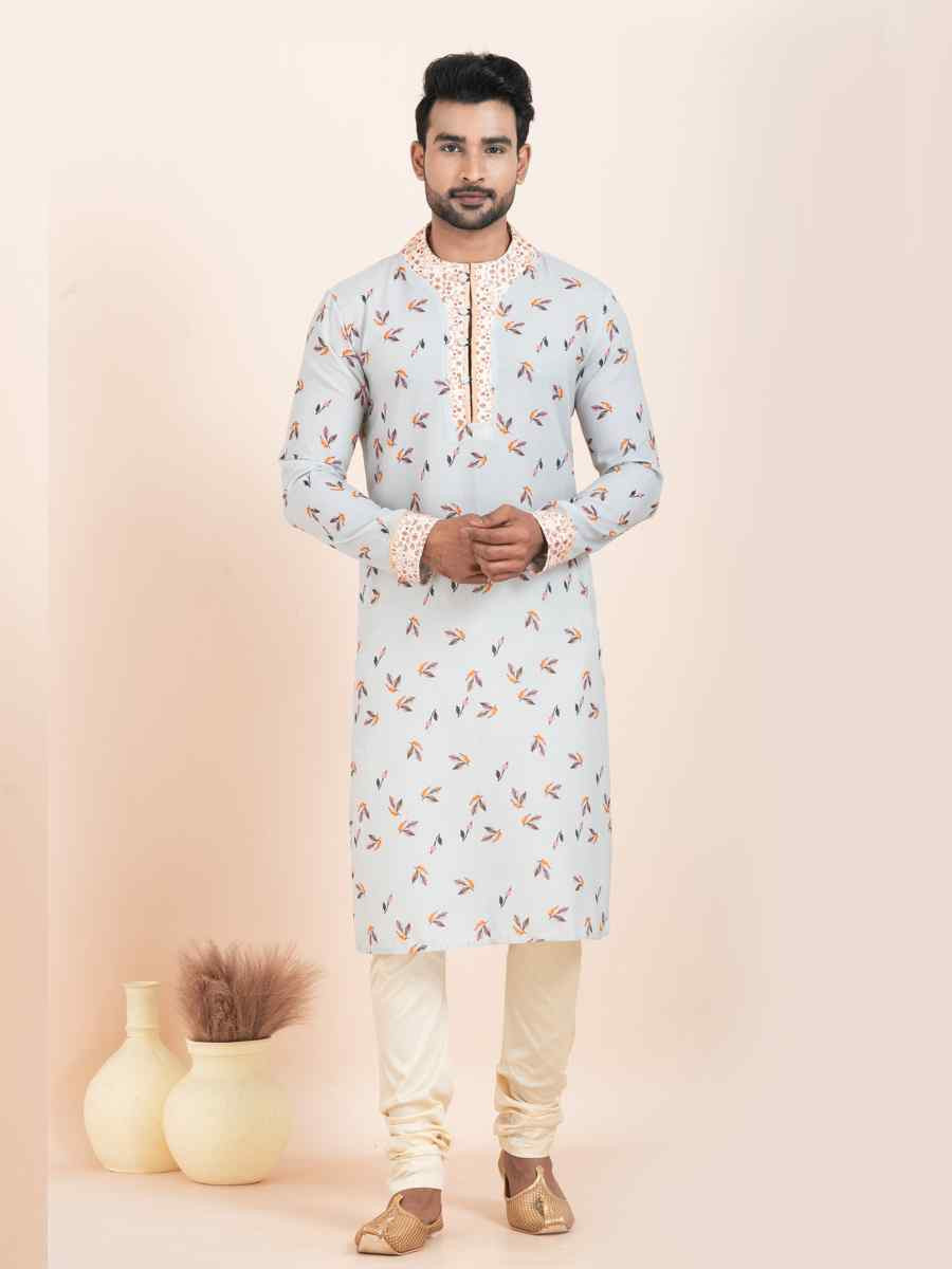 Multi Cotton Printed Festival Wedding Kurta Pyjama Men's Wear