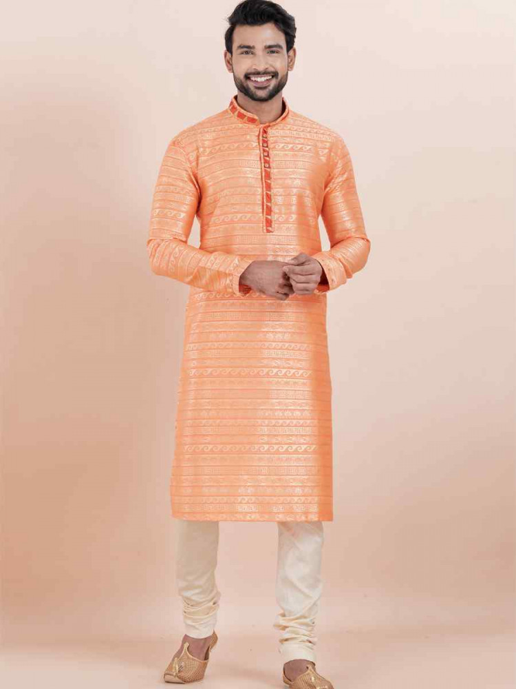 Multi Cotton Silk Jacquard Embroidered Festival Wedding Kurta Pyjama Men&#039;s Wear