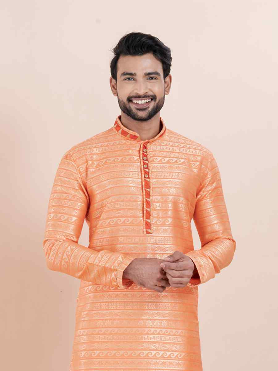 Multi Cotton Silk Jacquard Embroidered Festival Wedding Kurta Pyjama Men's Wear