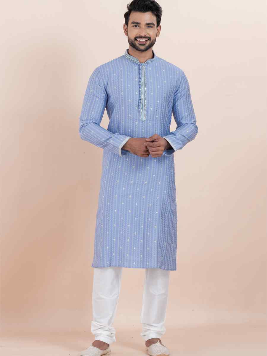 Multi Cotton Silk Jacquard Embroidered Festival Wedding Kurta Pyjama Men's Wear