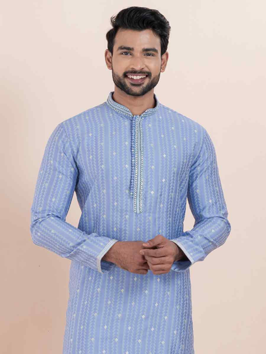 Multi Cotton Silk Jacquard Embroidered Festival Wedding Kurta Pyjama Men's Wear