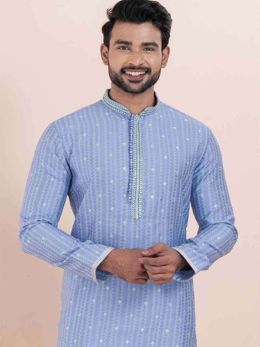 Multi Cotton Silk Jacquard Embroidered Festival Wedding Kurta Pyjama Men's Wear