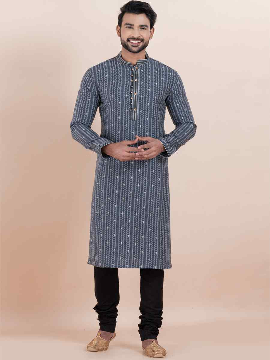 Multi Cotton Silk Jacquard Embroidered Festival Wedding Kurta Pyjama Men's Wear