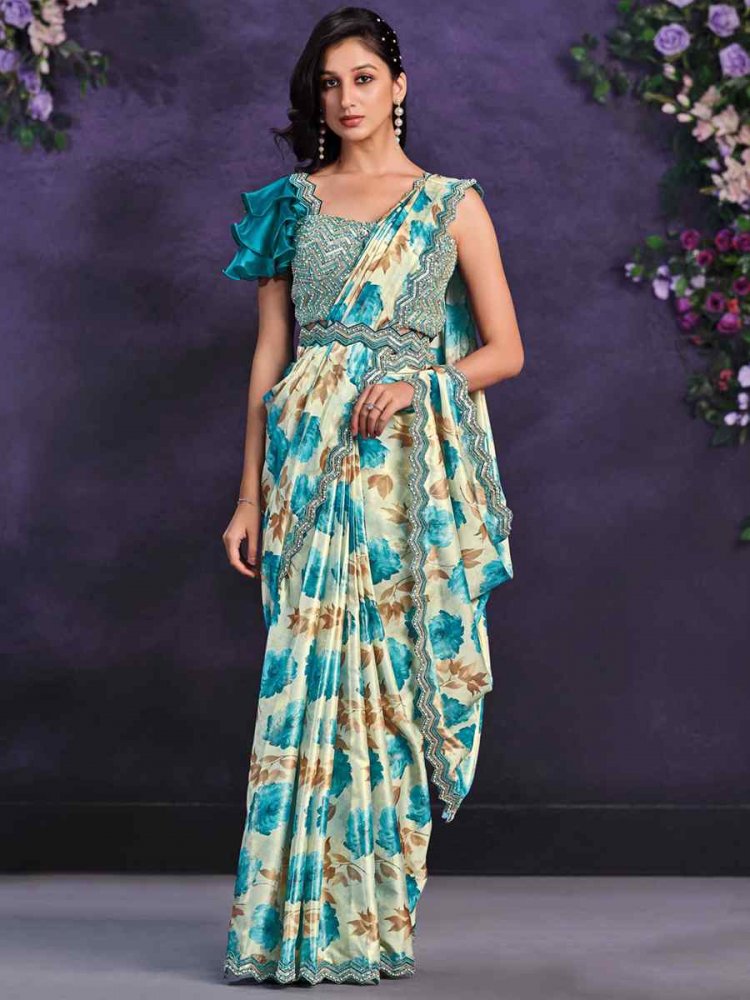 Multi Crepe Satin Silk Embroidered Wedding Party Heavy Border Saree