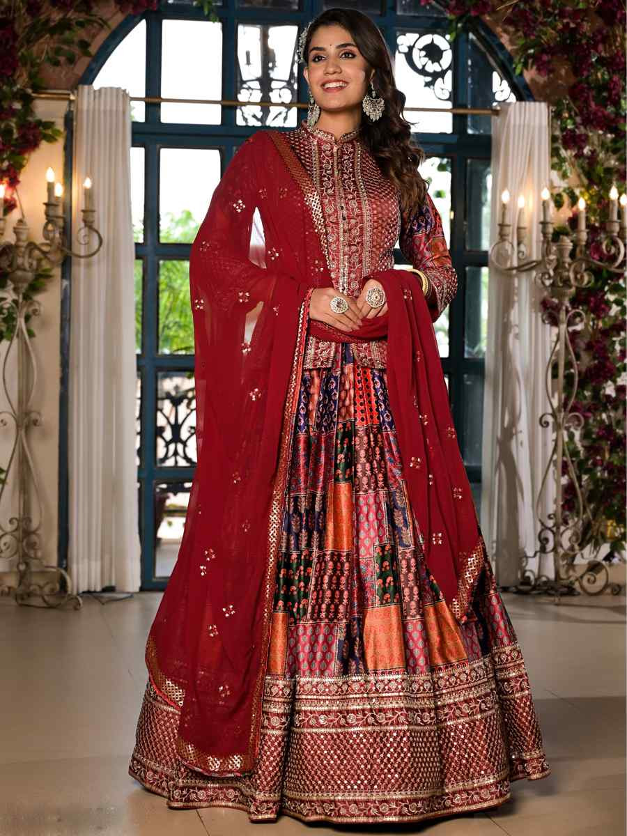 Multi Dull Satin Embroidered Festival Mehendi Traditional Lehenga Choli