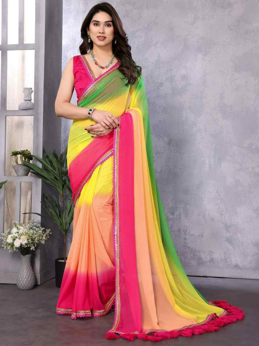 Multi Faux Peding Georgette Handwoven Festival Wedding Heavy Border Saree