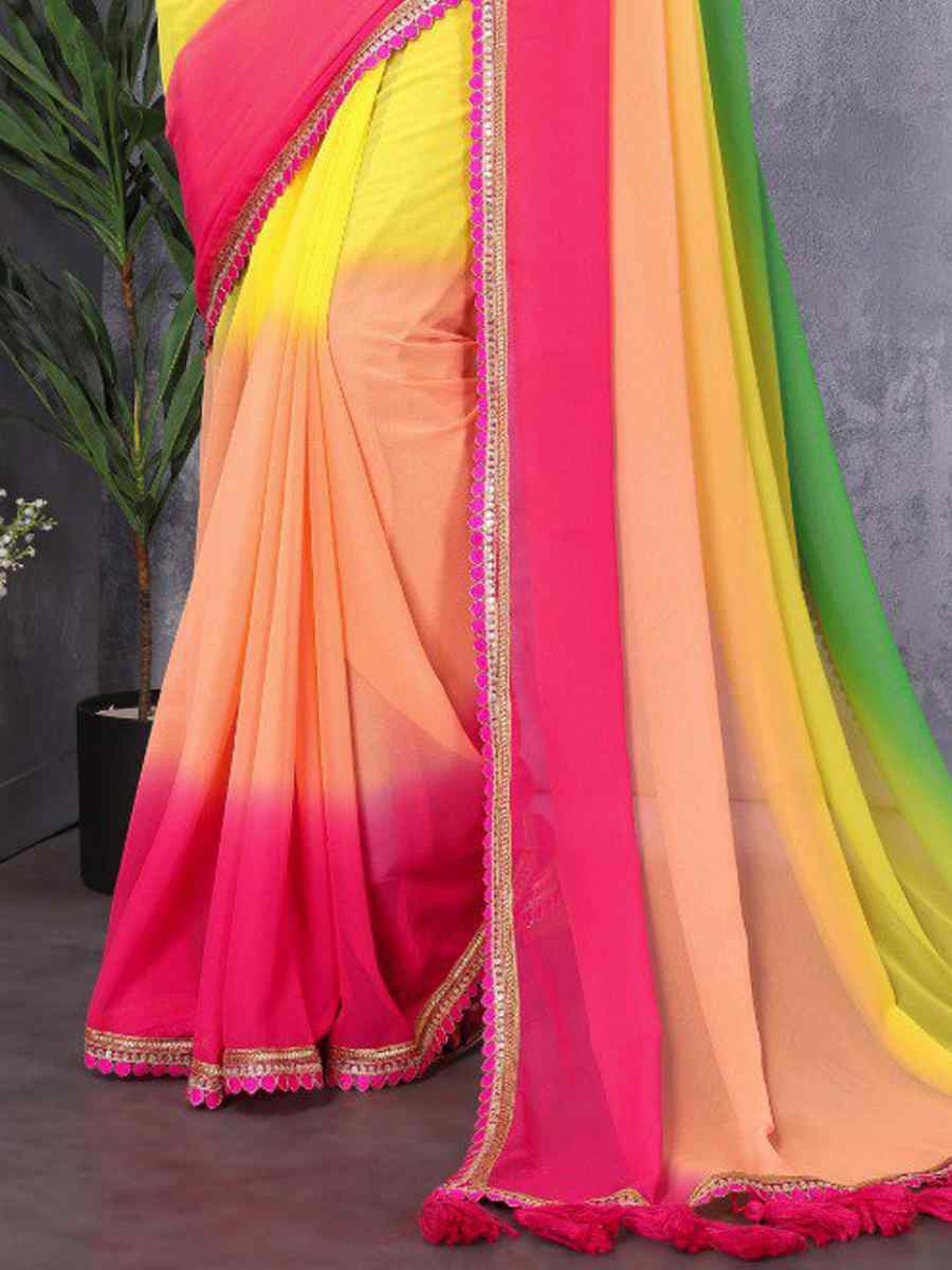 Multi Faux Peding Georgette Handwoven Festival Wedding Heavy Border Saree