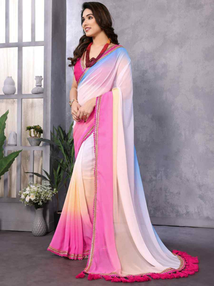 Multi Faux Peding Georgette Handwoven Festival Wedding Heavy Border Saree