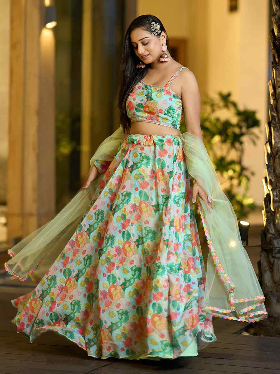 Multi Georgette Embroidered Wedding Party Wear Heavy Border Lehenga Choli