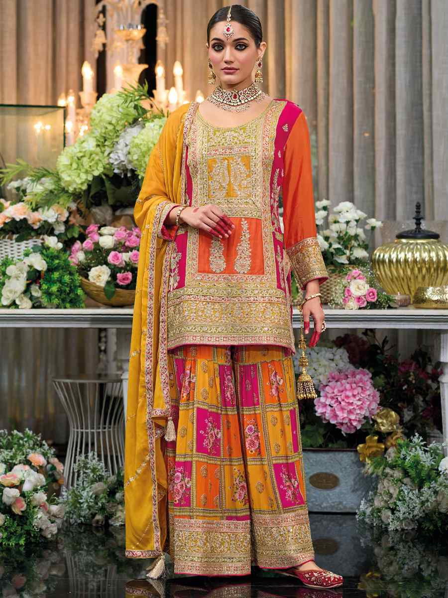 Multi Heavy Chinon Embroidered Festival Wedding Ready Palazzo Pant Salwar Kameez