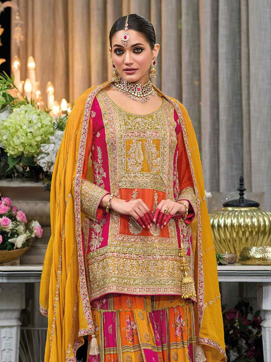 Multi Heavy Chinon Embroidered Festival Wedding Ready Palazzo Pant Salwar Kameez