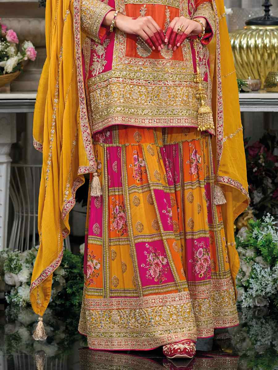 Multi Heavy Chinon Embroidered Festival Wedding Ready Palazzo Pant Salwar Kameez