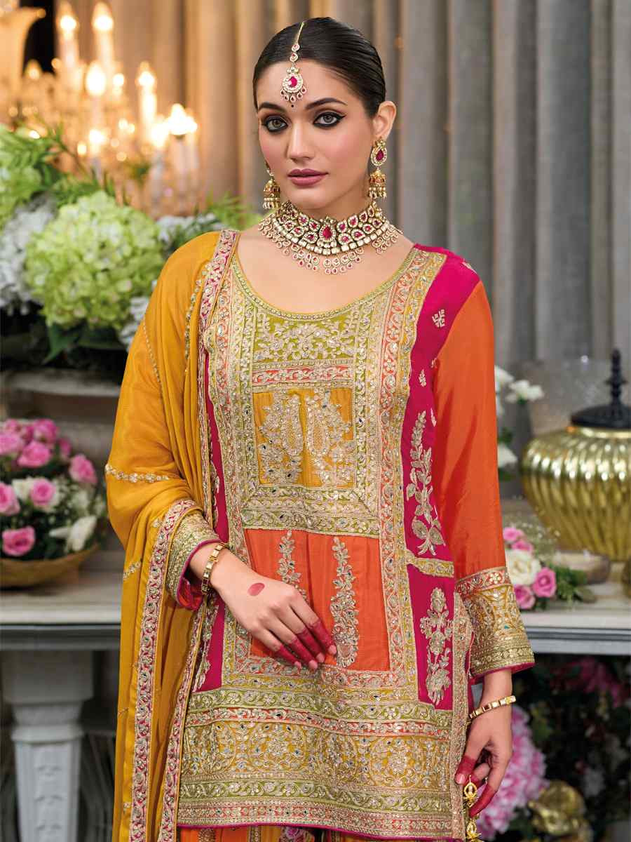 Multi Heavy Chinon Embroidered Festival Wedding Ready Palazzo Pant Salwar Kameez