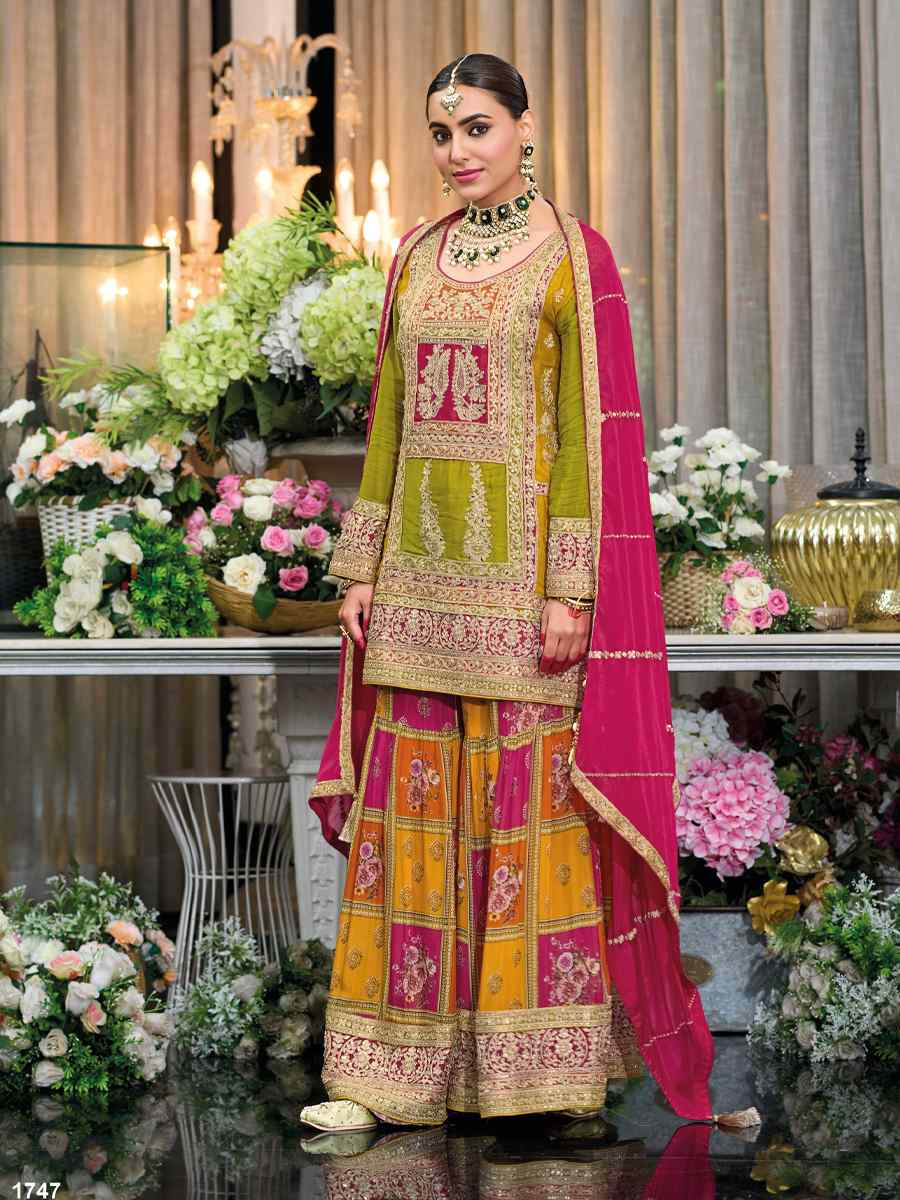 Multi Heavy Chinon Embroidered Festival Wedding Ready Palazzo Pant Salwar Kameez