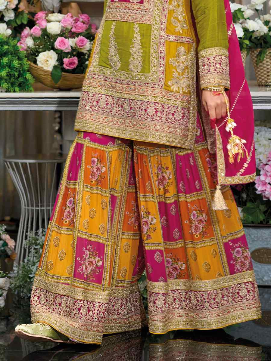 Multi Heavy Chinon Embroidered Festival Wedding Ready Palazzo Pant Salwar Kameez