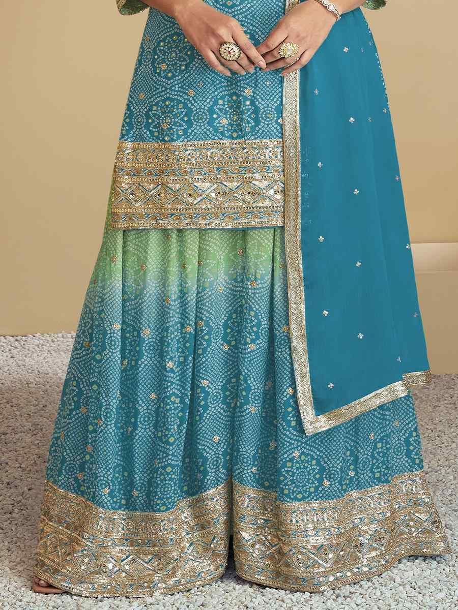 Multi Heavy Chinon Embroidered Festival Wedding Ready Sharara Pant Salwar Kameez