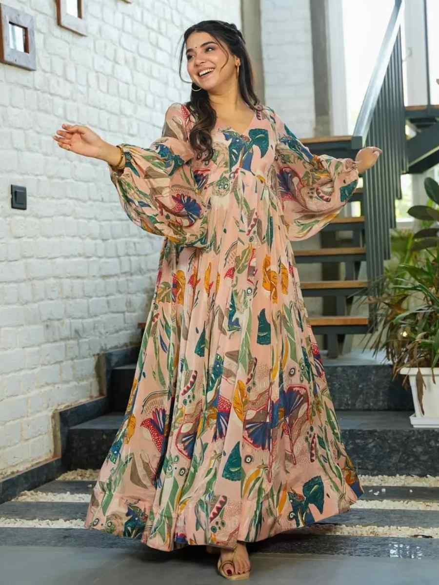 Multi Heavy Chinon Printed Festival Casual Gown