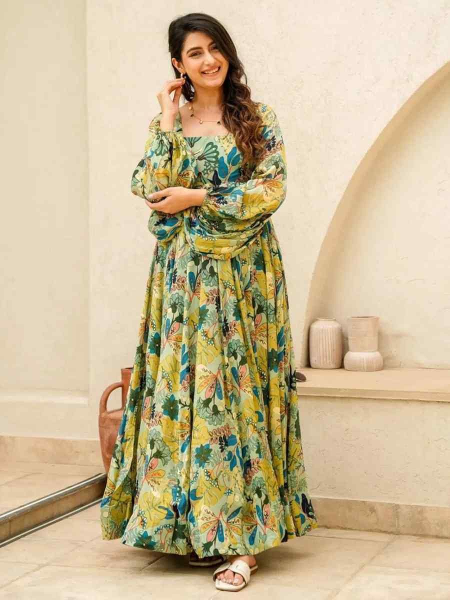 Multi Heavy Chinon Printed Festival Casual Gown