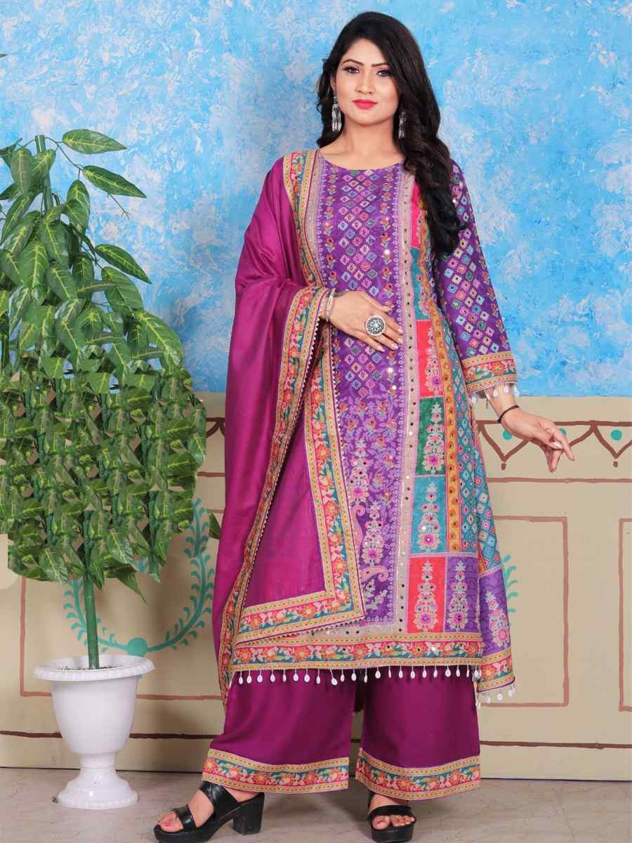 Multi Heavy Cotton Muslin Embroidered Party Wedding Ready Palazzo Pant Salwar Kameez