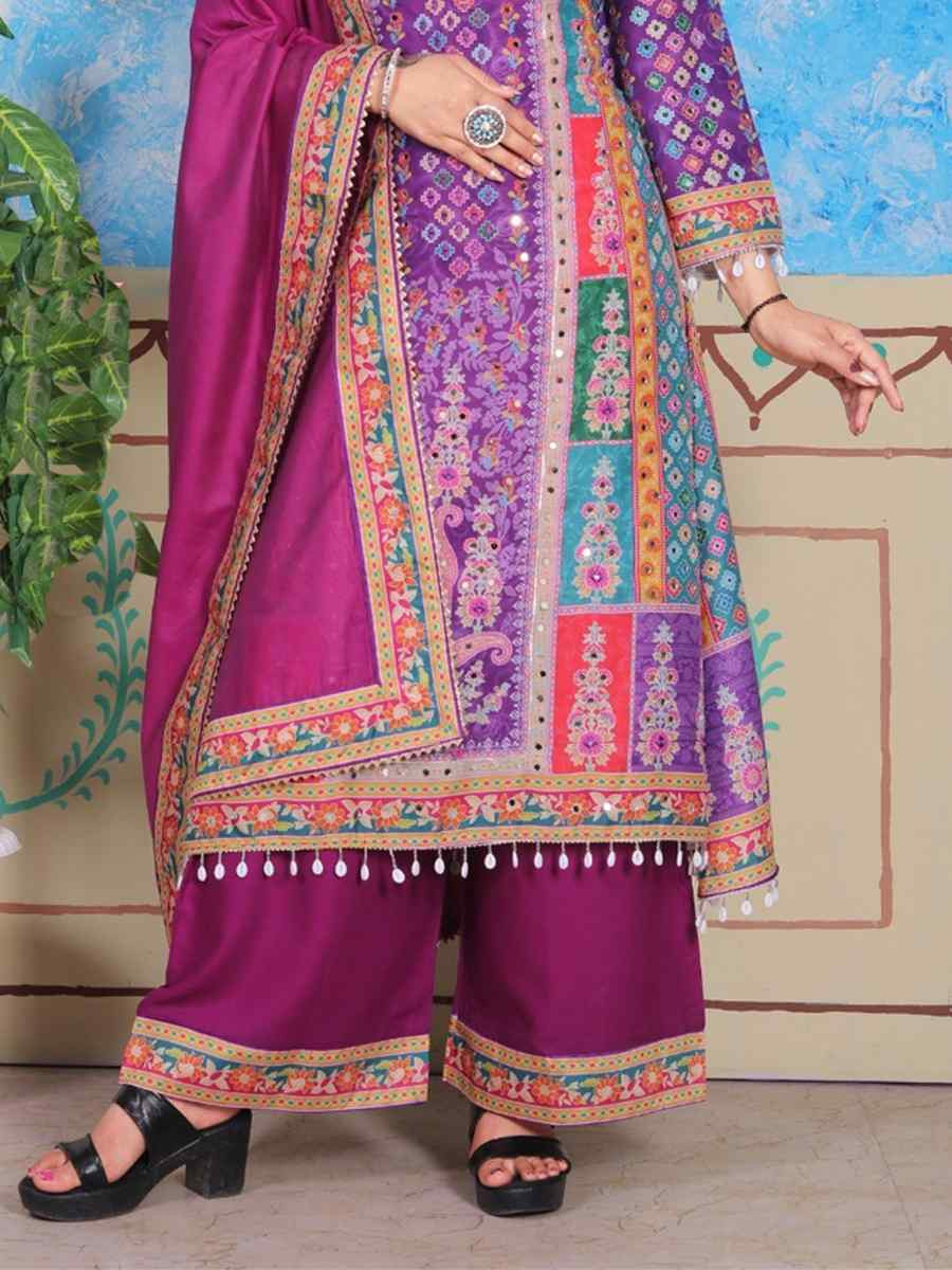 Multi Heavy Cotton Muslin Embroidered Party Wedding Ready Palazzo Pant Salwar Kameez