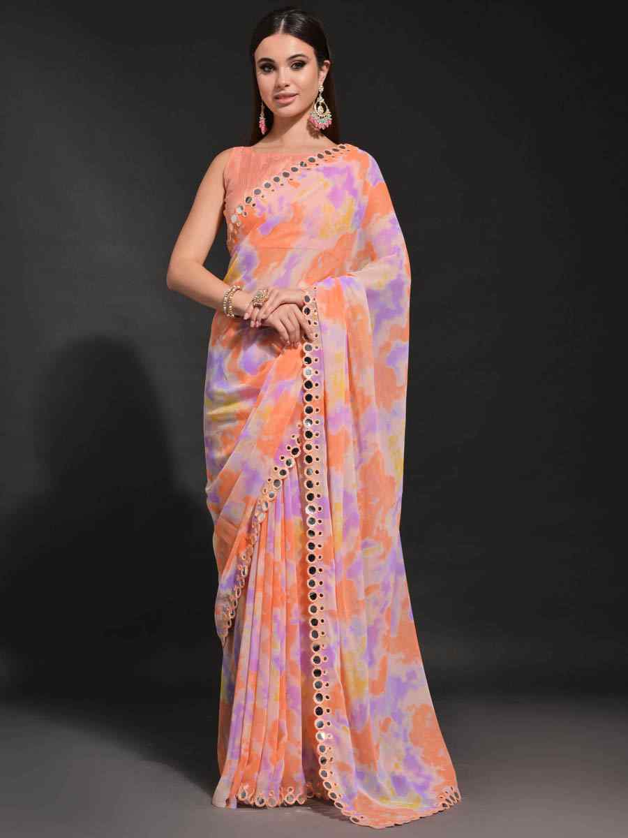 Multi Heavy Georgette Printed Festival Wedding Heavy Border Saree