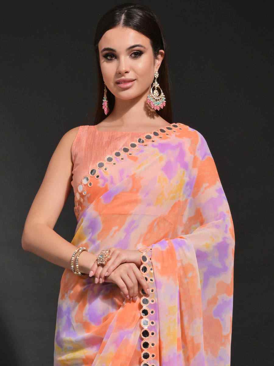 Multi Heavy Georgette Printed Festival Wedding Heavy Border Saree