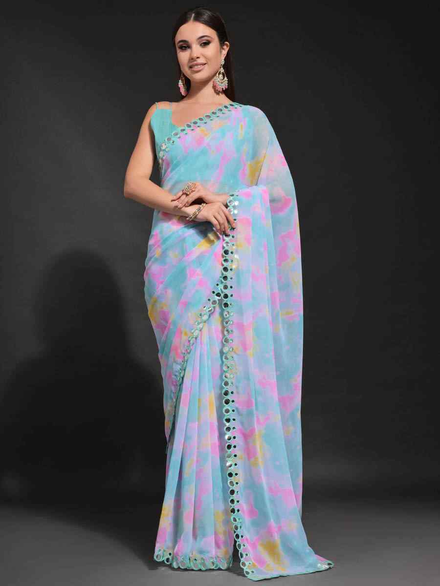 Multi Heavy Georgette Printed Festival Wedding Heavy Border Saree