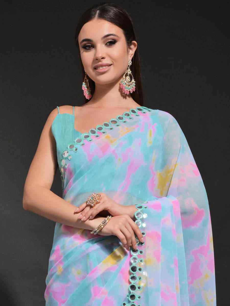 Multi Heavy Georgette Printed Festival Wedding Heavy Border Saree