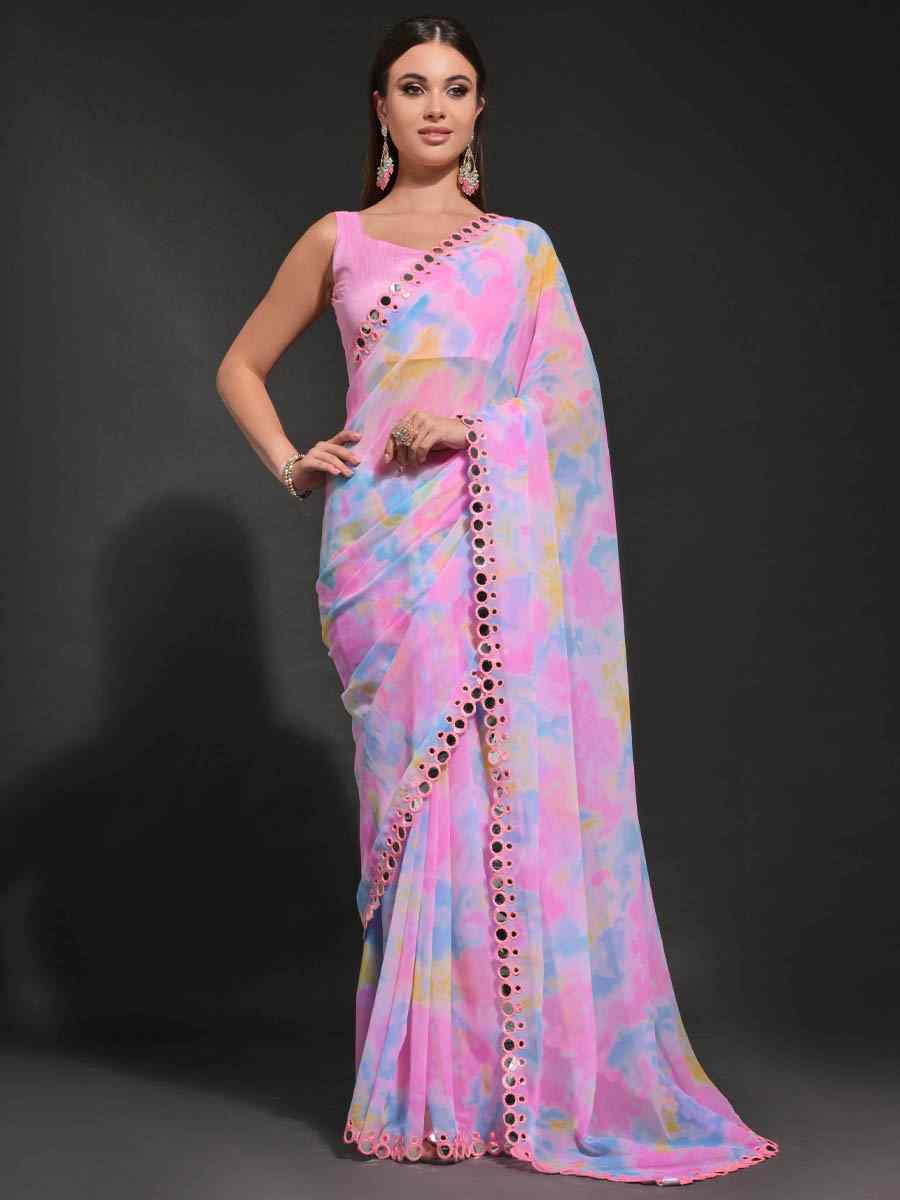 Multi Heavy Georgette Printed Festival Wedding Heavy Border Saree