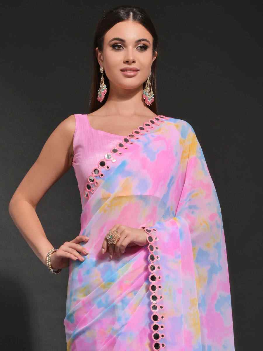 Multi Heavy Georgette Printed Festival Wedding Heavy Border Saree