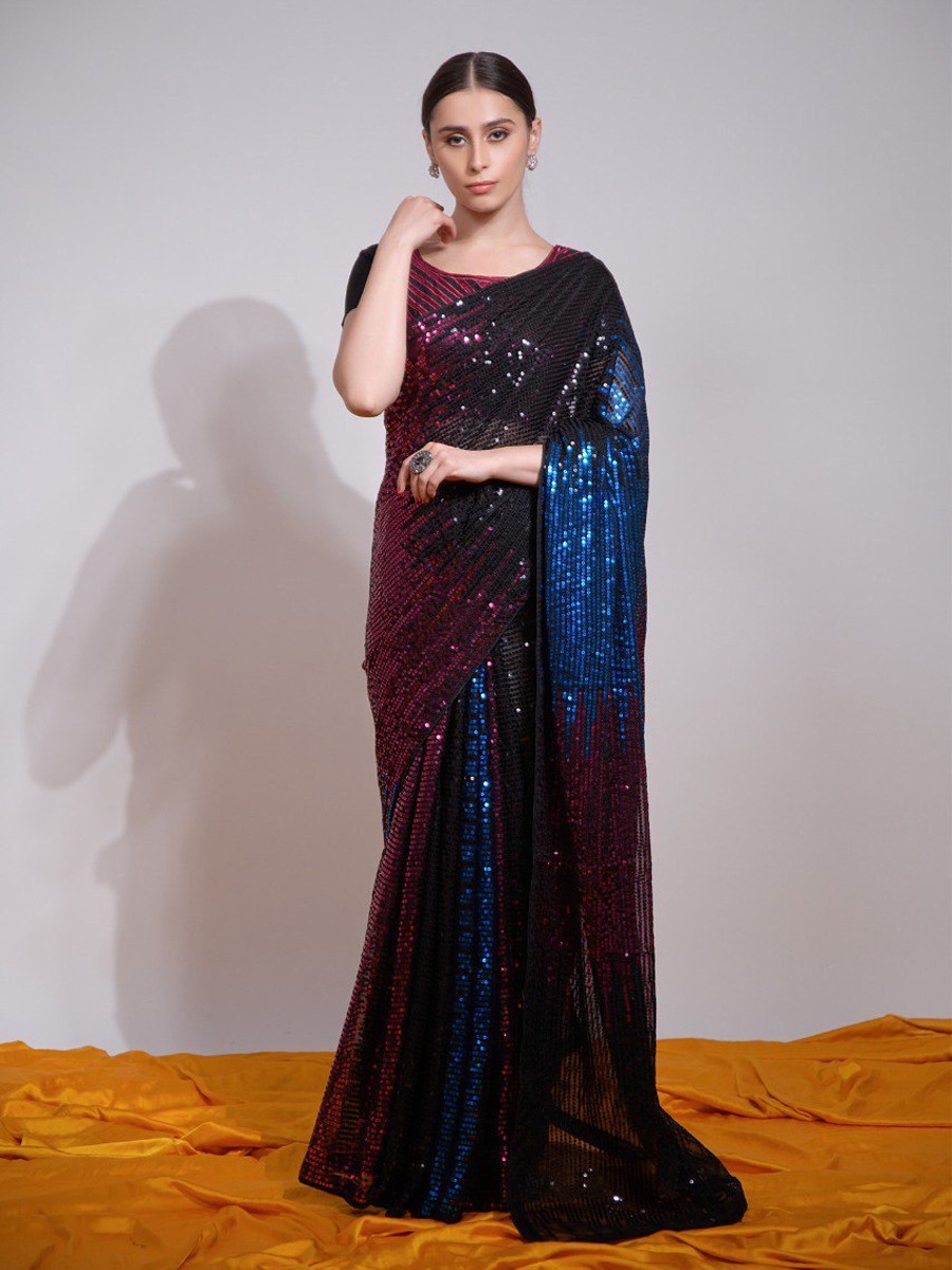 Multi Heavy Georgette Sequins Cocktail Party Classic Style Saree