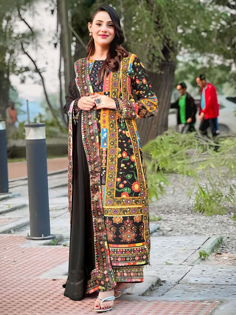 Multi Heavy Muslin Embroidered Festival Wedding Ready Pant Salwar Kameez