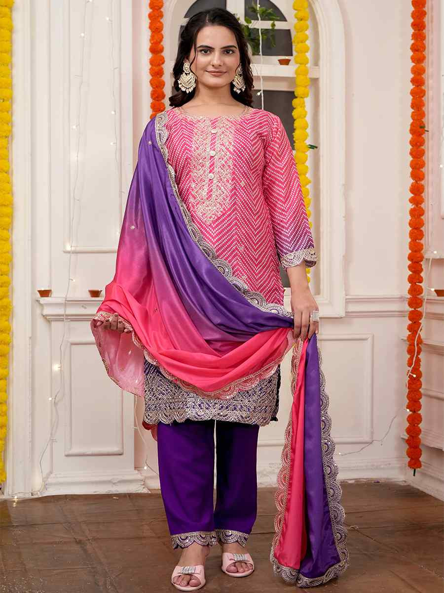 Multi Heavy Pure Chinon Silk Embroidered Festival Casual Ready Pant Salwar Kameez