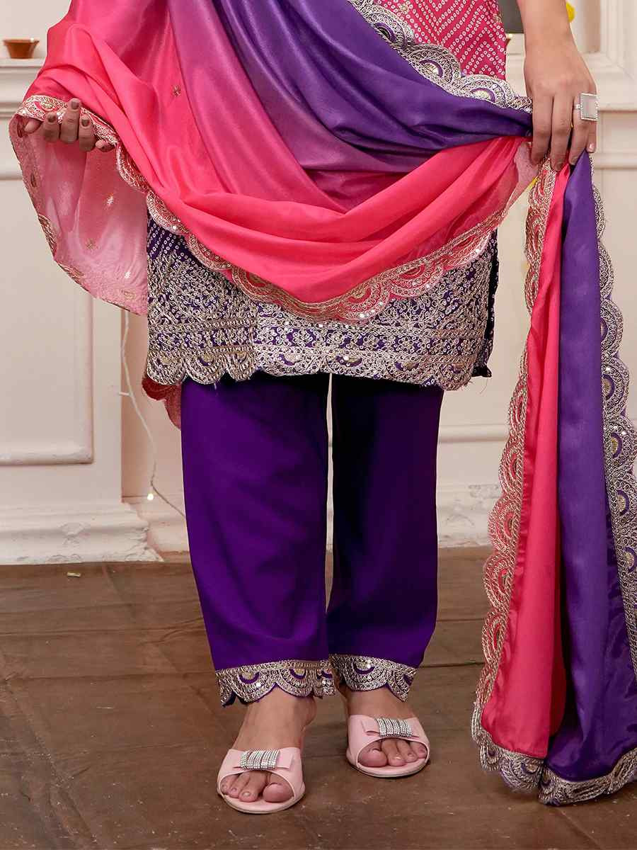 Multi Heavy Pure Chinon Silk Embroidered Festival Casual Ready Pant Salwar Kameez