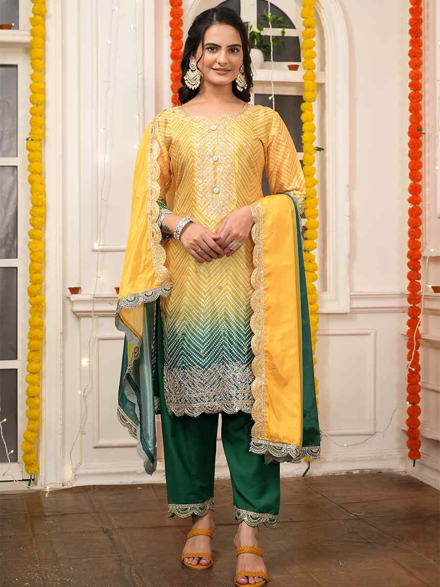 Multi Heavy Pure Chinon Silk Embroidered Festival Casual Ready Pant Salwar Kameez