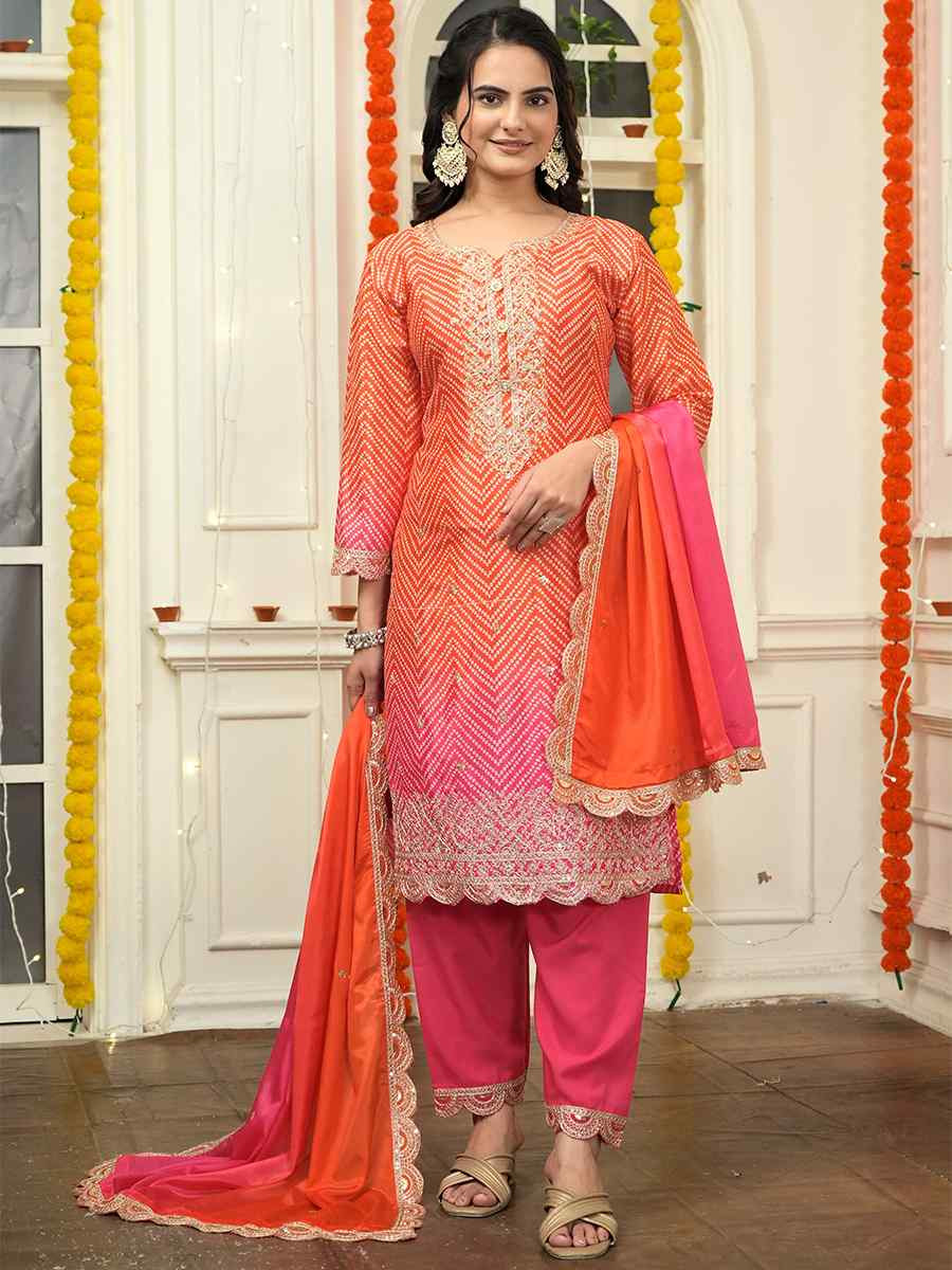 Multi Heavy Pure Chinon Silk Embroidered Festival Casual Ready Pant Salwar Kameez