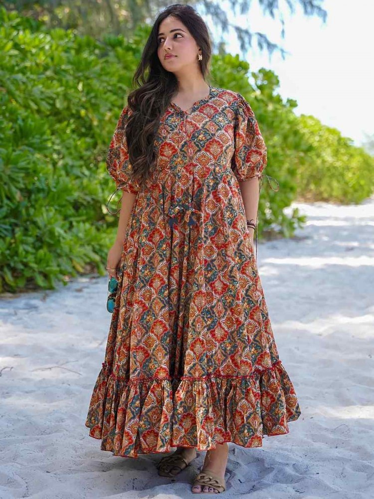 Multi Heavy Rayon Printed Festival Mehendi Gown