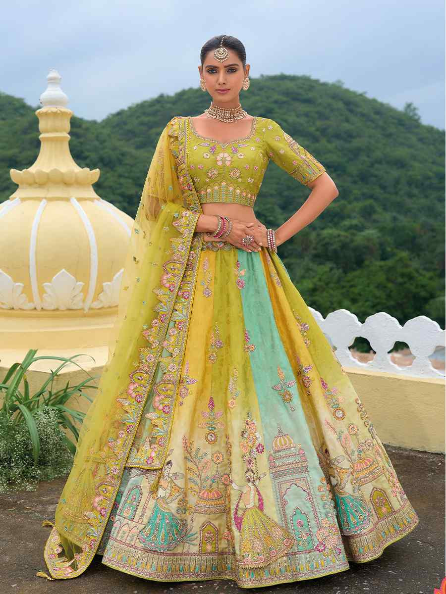 Multi Heavy Silk Embroidery Wedding Reception Party Wear Heavy Border Lehenga Choli