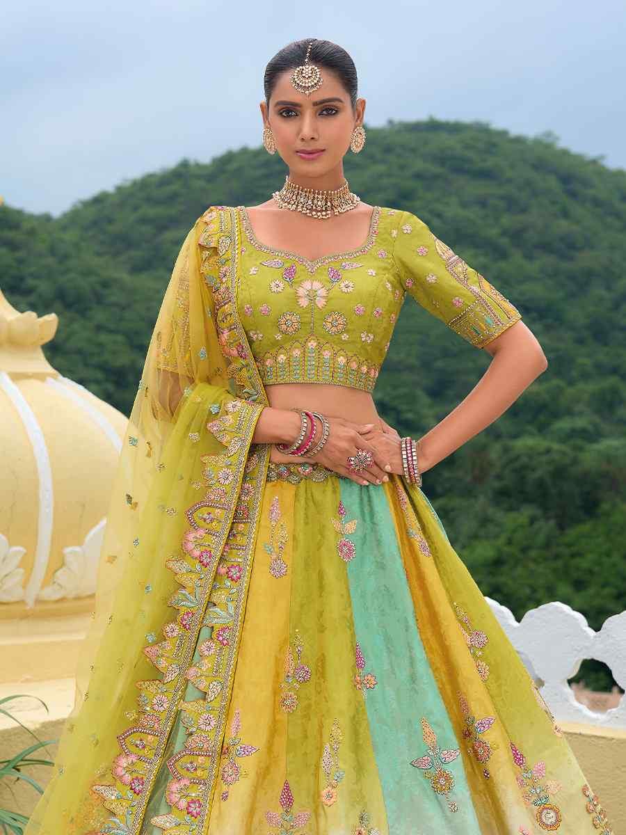 Multi Heavy Silk Embroidery Wedding Reception Party Wear Heavy Border Lehenga Choli