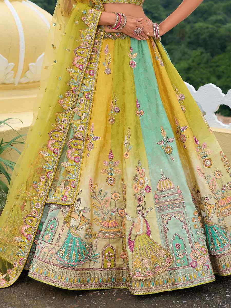 Multi Heavy Silk Embroidery Wedding Reception Party Wear Heavy Border Lehenga Choli